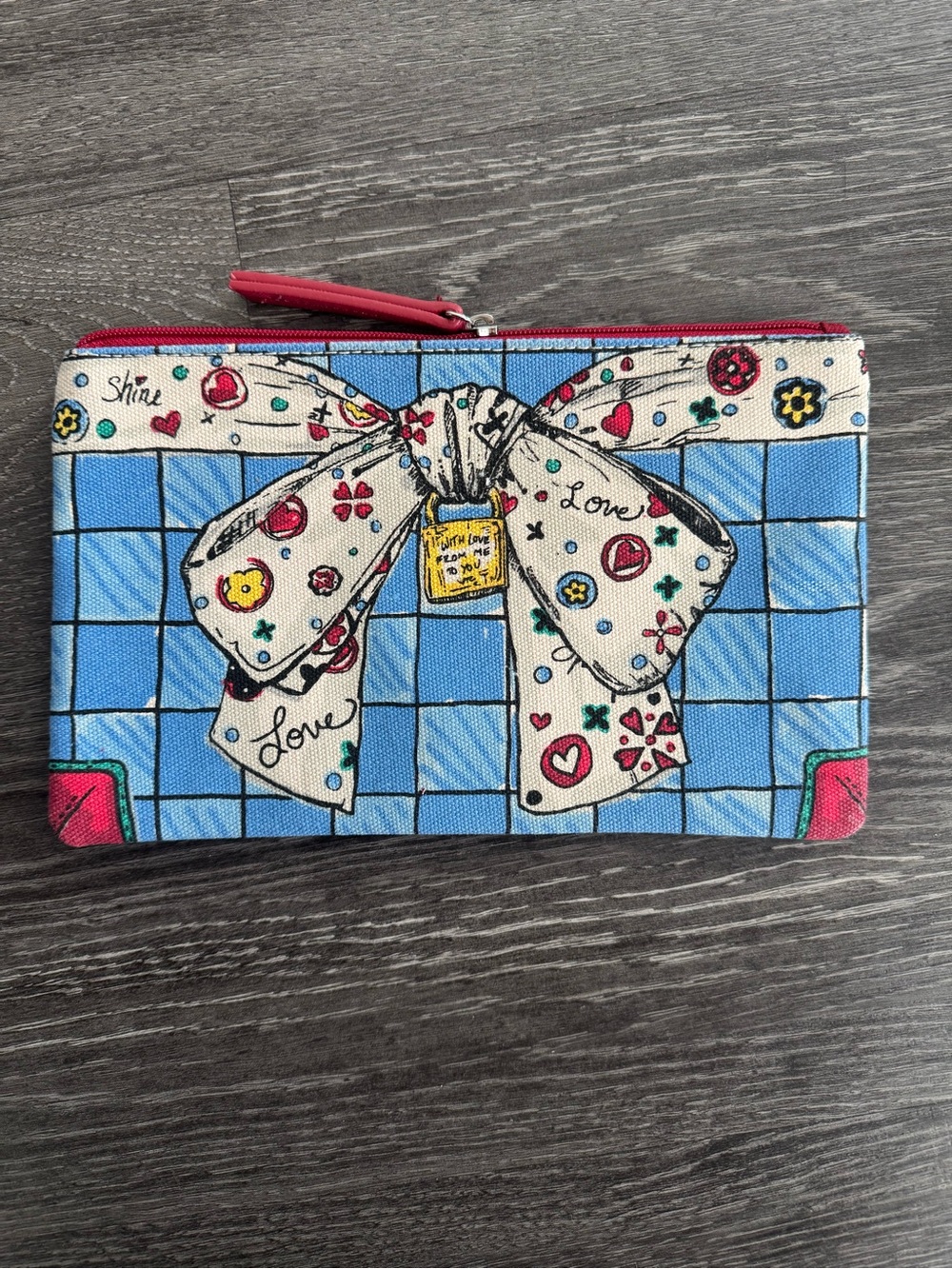Brighton Blue Grid Bow Zip Pouch with Red Trim